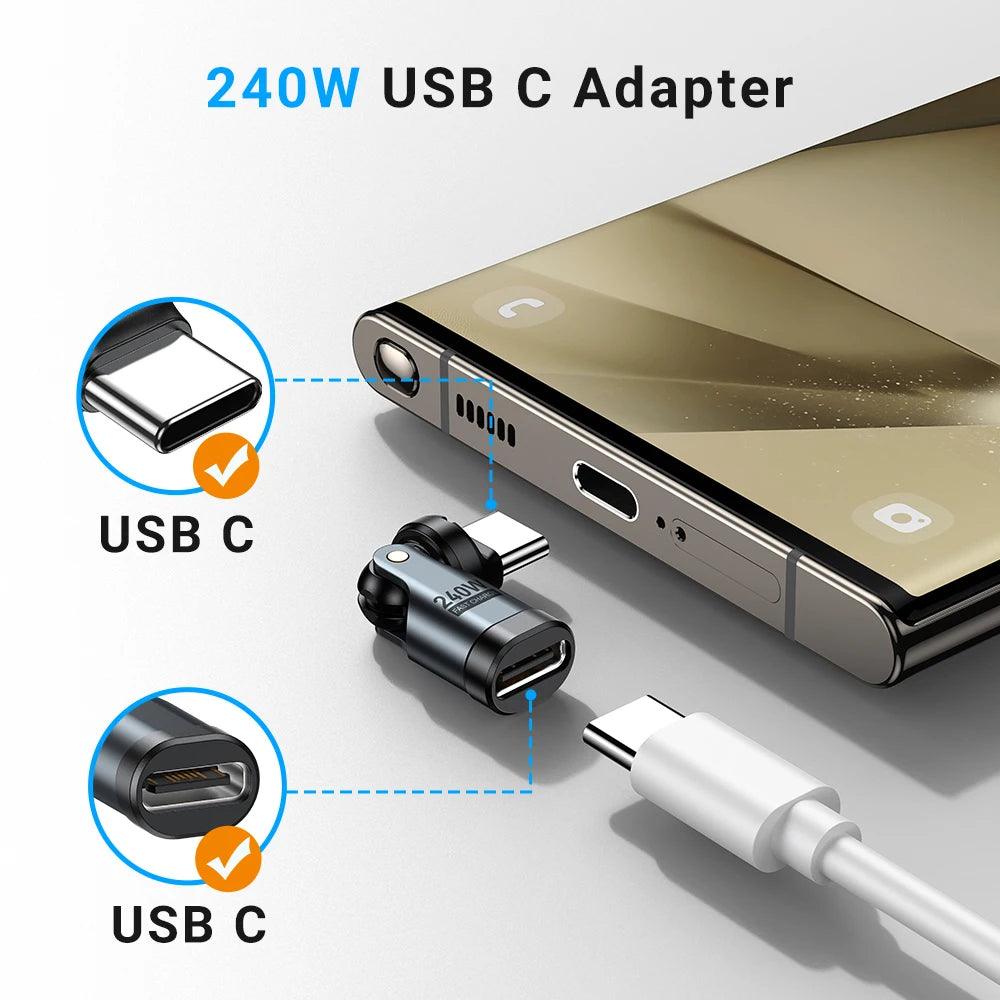 AUFU 240W USB C Adapter 5A Fast Charging USBC Male To Type C Female Converter For iPhone Laptop Macbook 540 Rotation OTG Adapter