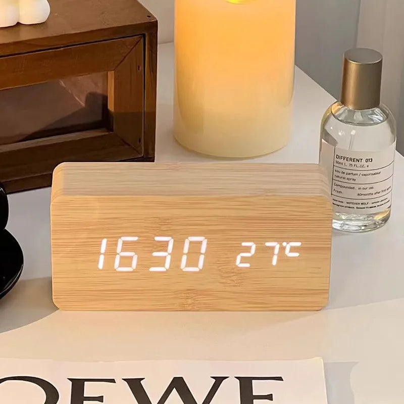 Digital Alarm Clock Wooden LED Table Clock with Temperature for Bedroom Office Travel Desk Decorations