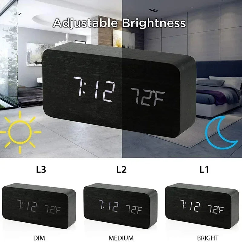 Digital Alarm Clock Wooden LED Table Clock with Temperature for Bedroom Office Travel Desk Decorations