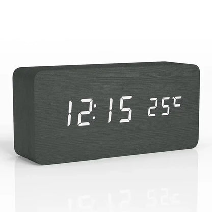 Digital Alarm Clock Wooden LED Table Clock with Temperature for Bedroom Office Travel Desk Decorations